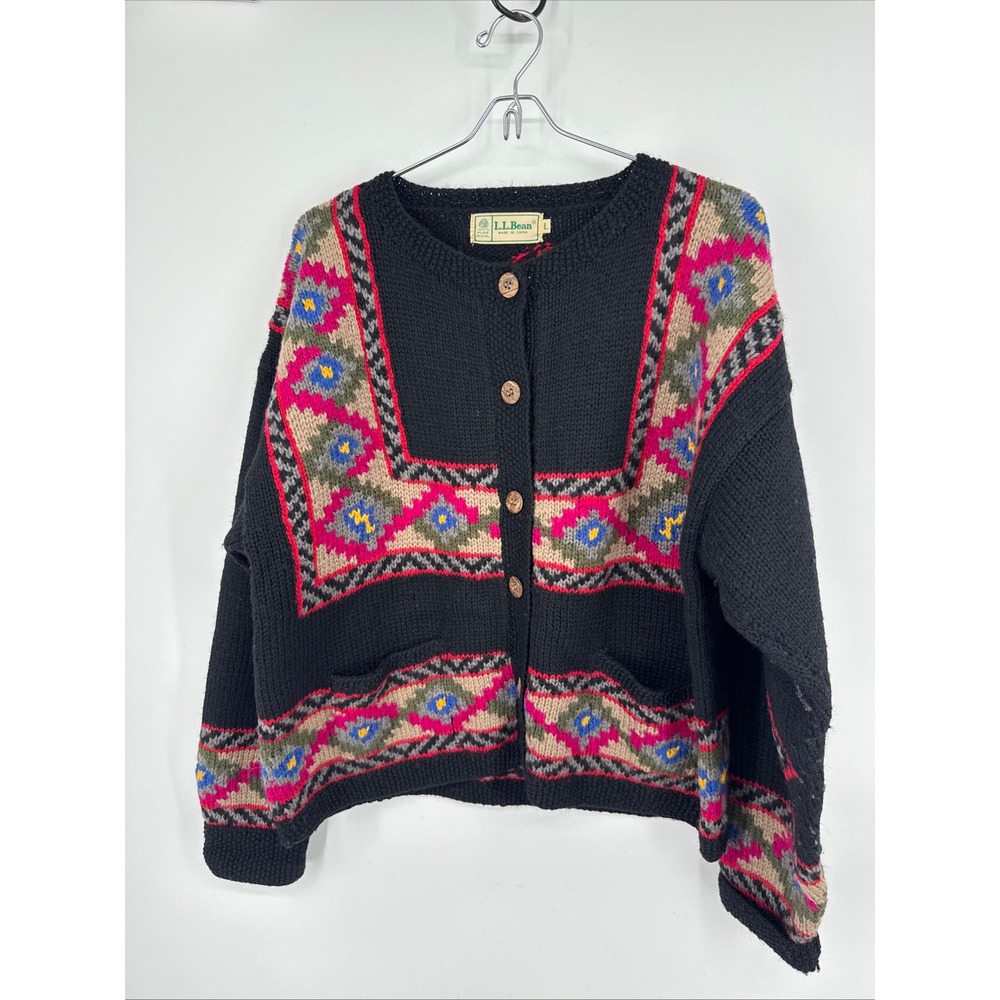 LL Bean Vintage Wool Cardigan Sweater Womens Large Black Southwestern Geometric